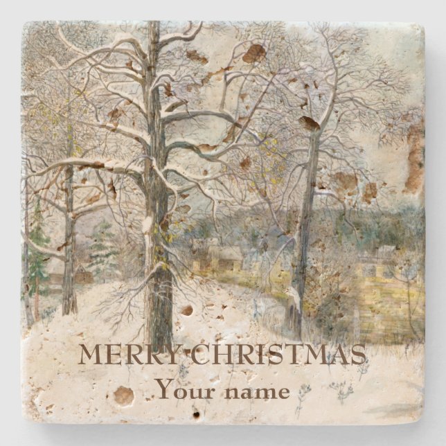 Winter bridge Watercolor painting  Stone Coaster (Front)