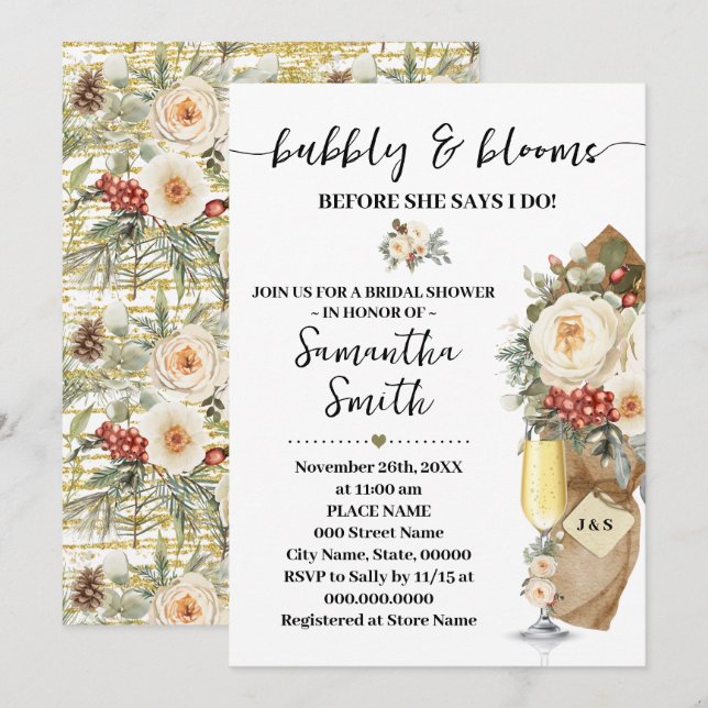 Winter Bubbly & Blooms Before I do Bridal Shower Invitation (Front/Back)