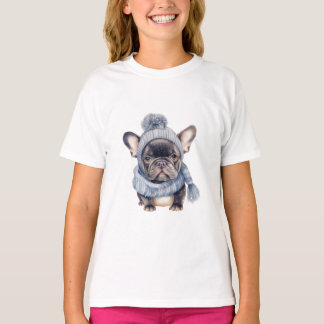 Winter Bulldog Baby in Blue Cap and Scarf  T-Shirt