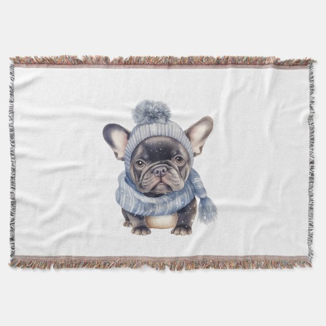Winter Bulldog Baby in Blue Cap and Scarf  Throw Blanket (Front)