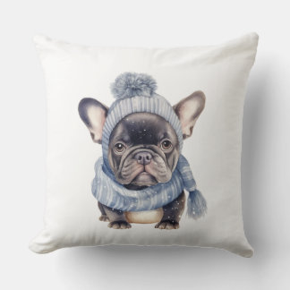 Winter Bulldog Baby in Blue Cap and Scarf  Throw Pillow