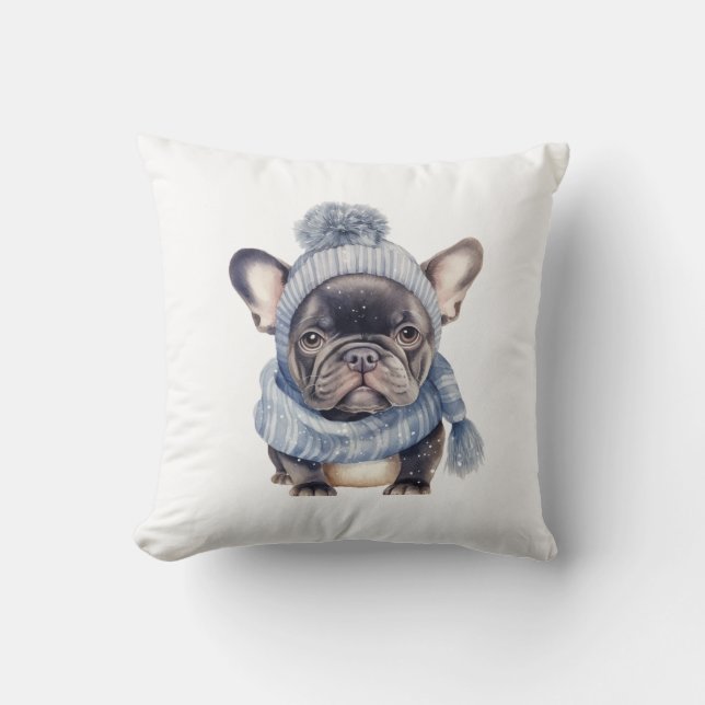 Winter Bulldog Baby in Blue Cap and Scarf Throw Pillow (Front)