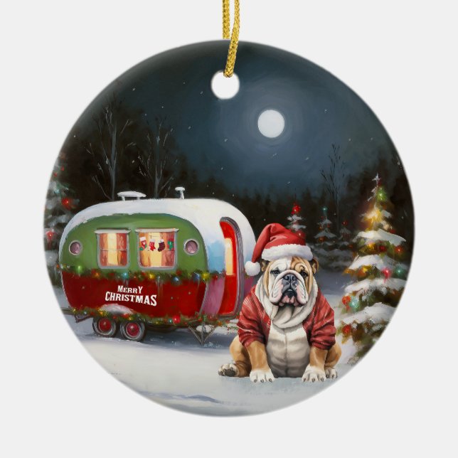 Winter Bulldog Caravan Christmas Adventure  Ceramic Ornament (Front)