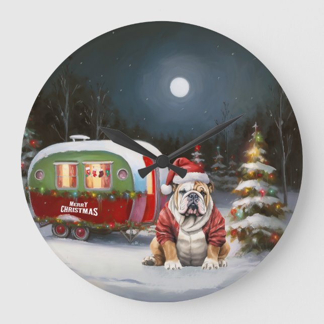 Winter Bulldog Caravan Christmas Adventure  Large Clock (Front)