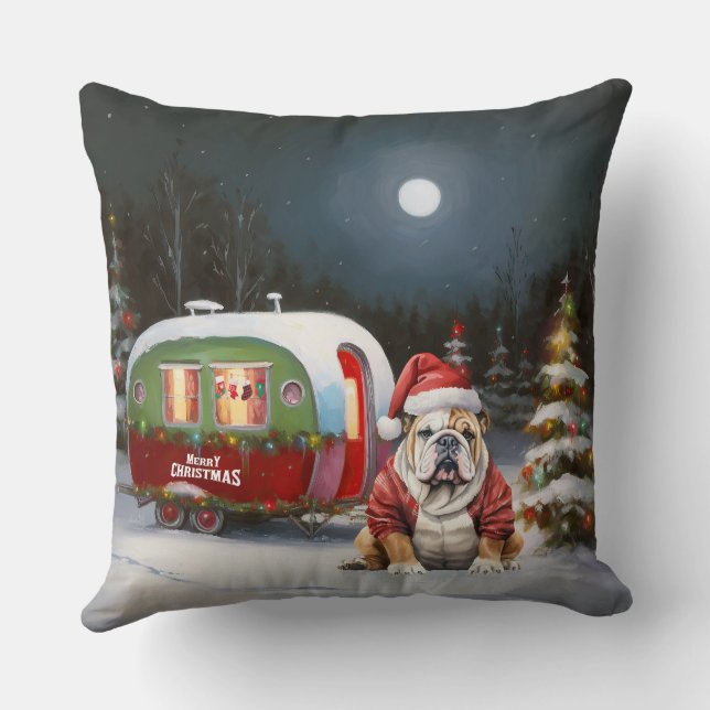 Winter Bulldog Caravan Christmas Adventure  Throw Pillow (Back)