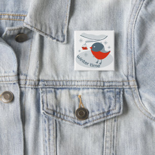 Winter bullfinch bird and red rowan berries 2 inch square button