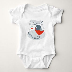Winter bullfinch bird and red rowan berries baby bodysuit