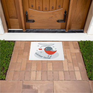 Winter bullfinch bird and red rowan berries doormat