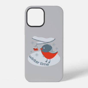 Winter bullfinch bird and red rowan berries iPhone 12 case