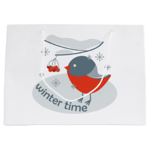 Winter bullfinch bird and red rowan berries large gift bag