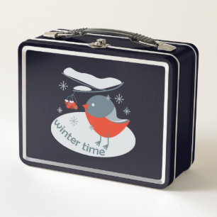 Winter bullfinch bird and red rowan berries metal lunch box