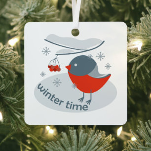 Winter bullfinch bird and red rowan berries  metal ornament