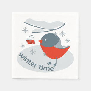Winter bullfinch bird and red rowan berries  napkin
