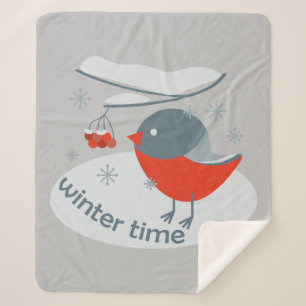 Winter bullfinch bird and red rowan berries sherpa blanket