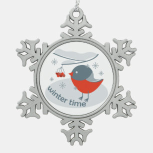Winter bullfinch bird and red rowan berries snowflake pewter christmas ornament