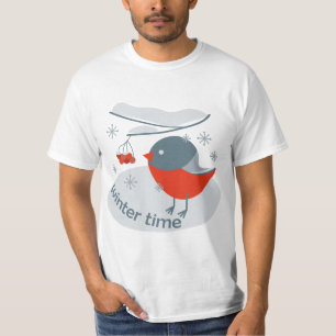 Winter bullfinch bird and red rowan berries  T-Shi T-Shirt