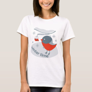 Winter bullfinch bird and red rowan berries T-Shi T-Shirt