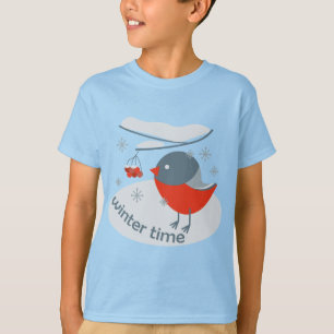 Winter bullfinch bird and red rowan berries  T-Shi T-Shirt