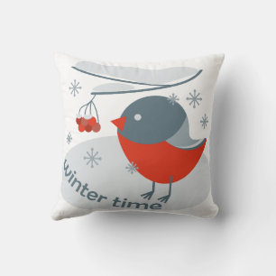 Winter bullfinch bird and red rowan berries throw pillow