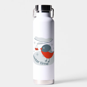 Winter bullfinch bird and red rowan berries water bottle