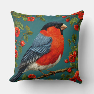 Winter Bullfinch on Frosted Branch – Serene Snowy  Throw Pillow