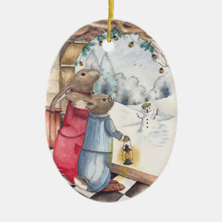 Winter Bunnies Ceramic Ornament