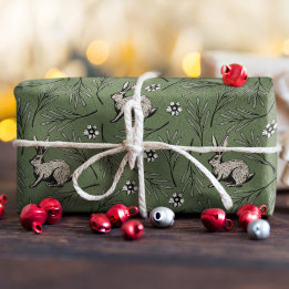 Winter Bunnies Forest Green Holiday Wrapping Paper
