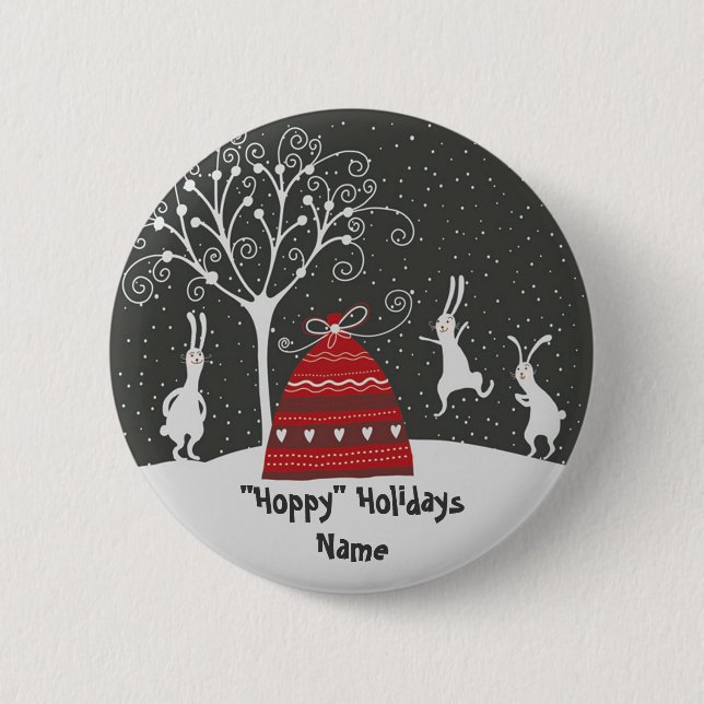 Winter Bunny Hoppy Holidays Button (Front)