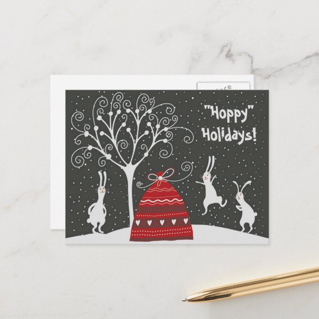 Winter Bunny Hoppy Holidays Postcard (Front/Back In Situ)