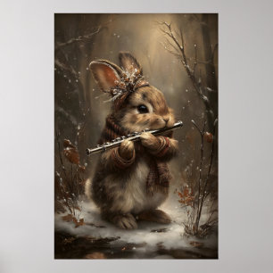 Winter Bunny Playing Flute in Forest Art Print –