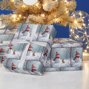 Winter Bunny With a Snowman Wrapping Paper
