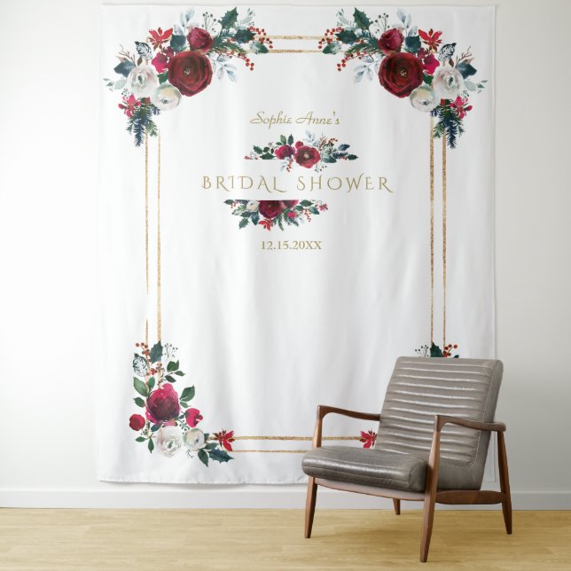 Winter Burgundy Floral Bridal Shower Photo Prop Tapestry (In Situ)