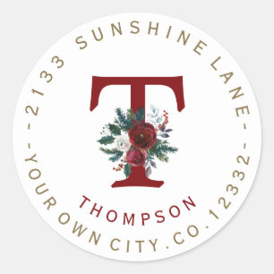 Winter Burgundy Floral Monogram Address Label