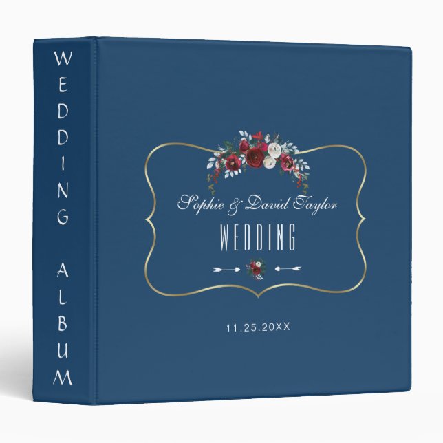 Winter Burgundy Floral Navy Gold Wedding Album Binder (Front/Spine)