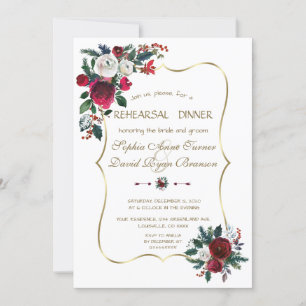 Winter Burgundy Floral Pine Gold Rehearsal Dinner Invitation