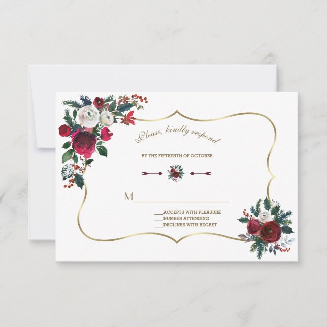 Winter Burgundy Floral Pine Gold Wedding RSVP (Front)