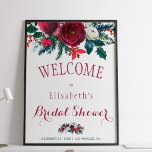 Winter burgundy floral watercolor bridal shower poster<br><div class="desc">Elegant chic red burgundy and white peonies winter bouquet with pine green seasonal fir branches,  red berries and foliage bridal shower welcome sign poster template on white background. Ideal for a chic stylish rustic winter / Christmas elegant floral bridal shower party.</div>