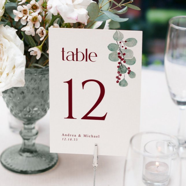Winter Burgundy Greenery 5x7 Wedding Table Numbers (Creator Uploaded)