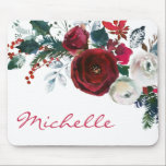 Winter Burgundy Peony Rose Floral Pine Bouquet Mouse Pad<br><div class="desc">Burgundy watercolor botanical peony rose floral girly Mouse Pad. Burgundy, marsala, white watercolor peony roses, botanical floral bouquet chich design with dark green leaves, pine branch and berries on white background. Feature an elegant handwritten typography design with your name and pretty fall, winter burgundy peony roses bouquet. Perfect choise for...</div>