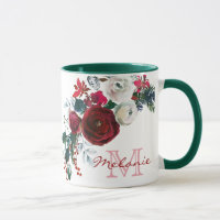 Winter Burgundy Rose Floral Pine Bouquet Monogram