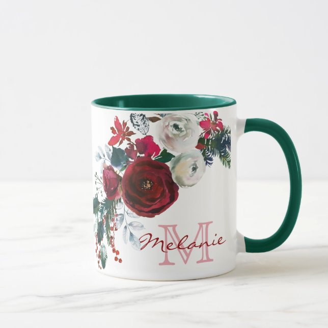 Winter Burgundy Rose Floral Pine Bouquet Monogram Mug (Right)