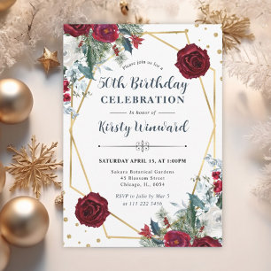 Winter Burgundy & White Floral 50th Birthday Invitation