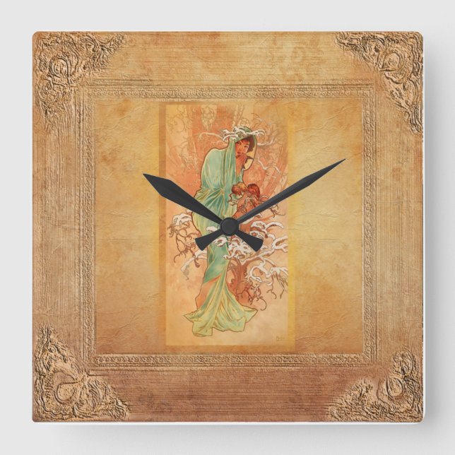 Winter by Alphonse Mucha Square Wall Clock (Front)