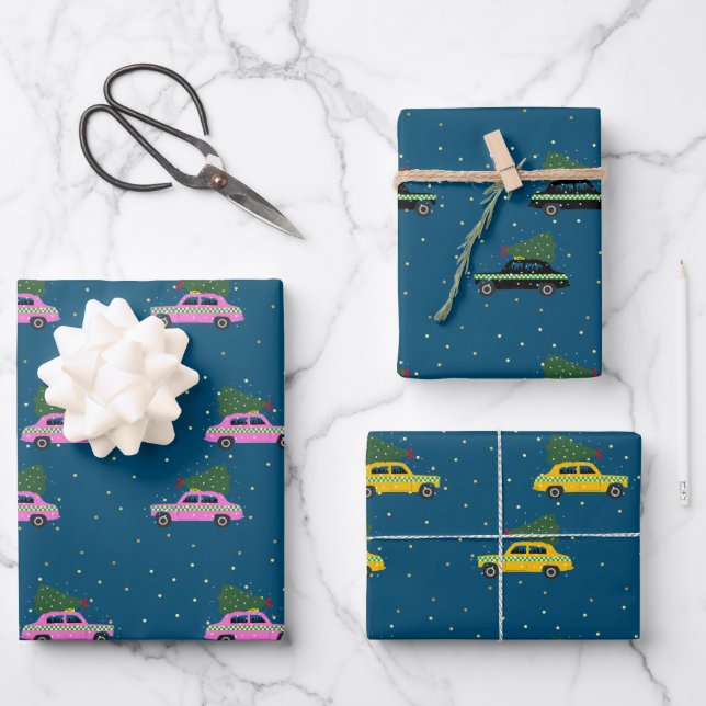 Winter Cab Taxi Fir Tree Pattern Blue Christmas   Wrapping Paper Sheet (Front)
