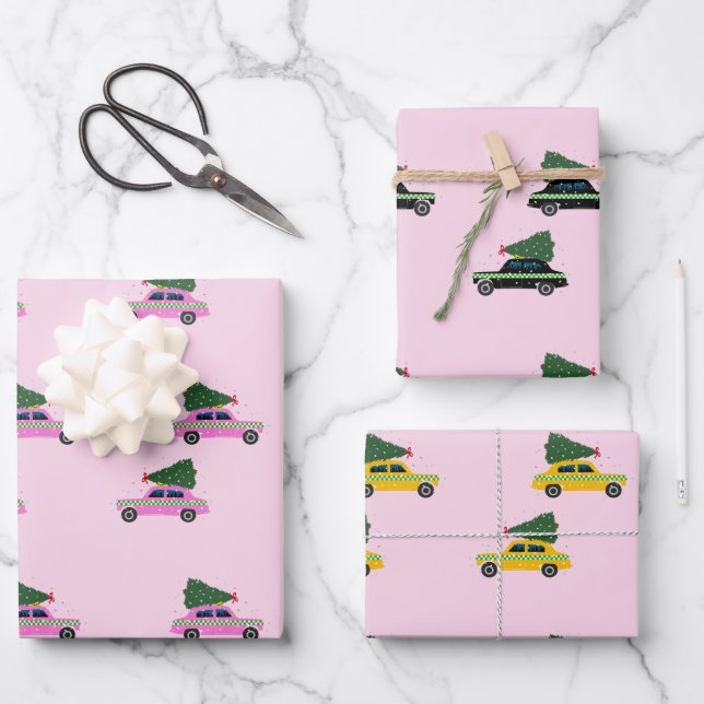 Winter Cab Taxi Fir Tree Pattern Pink Christmas  Wrapping Paper Sheet (Front)