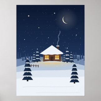 Winter Cabin at Night Christmas Starry Snow Poster