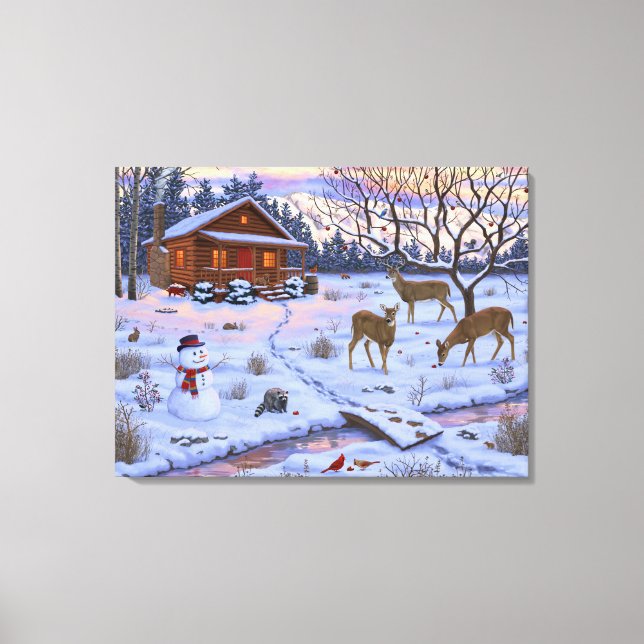 Winter Cabin Deer In Snow Christmas Scene Canvas Print (Front)
