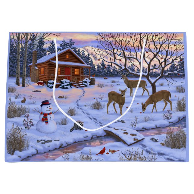 Winter Cabin Deer In Snow Christmas Scene Large Gift Bag (Front)