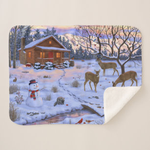 Winter Cabin Deer In Snow Christmas Scene Sherpa Blanket