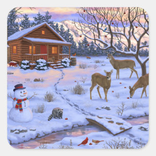 Winter Cabin Deer In Snow Christmas Scene Square Sticker